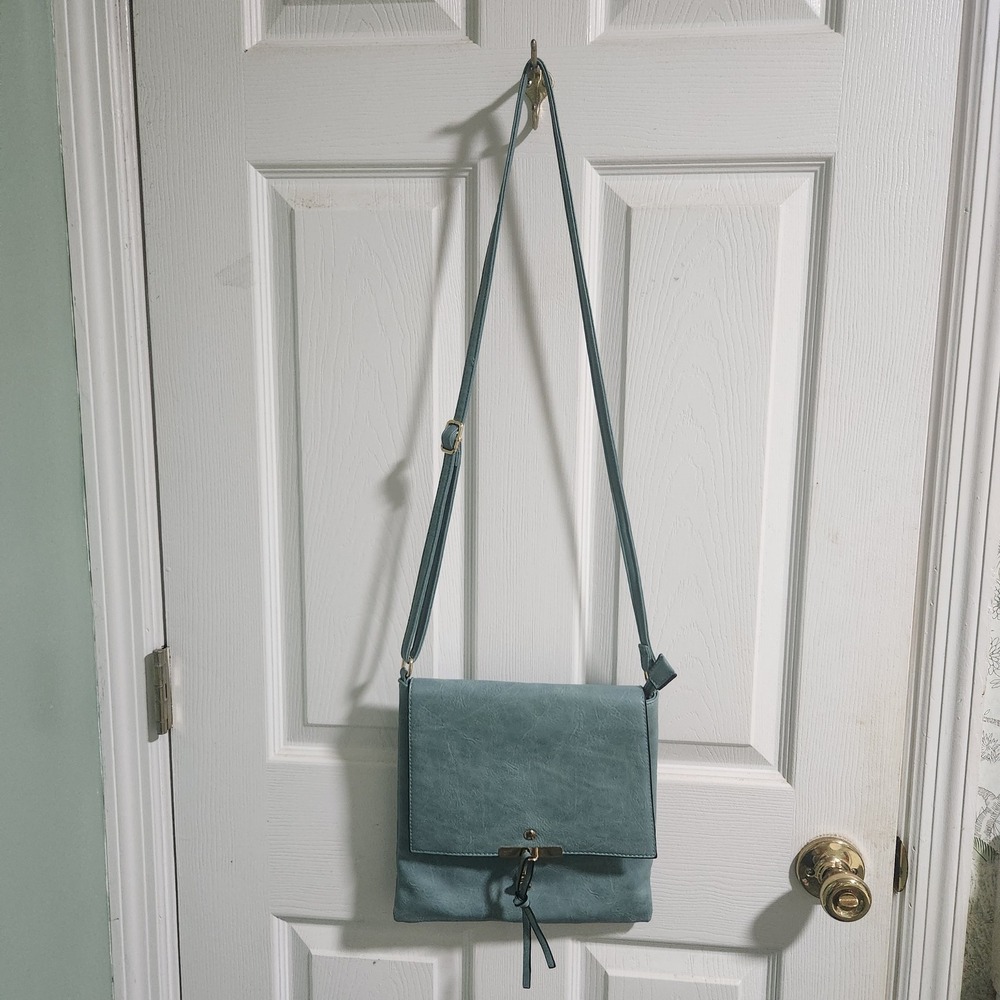 Light Blue Faux Leather Crossbody Bag Gold Tassel Detail Minimalist Messenger